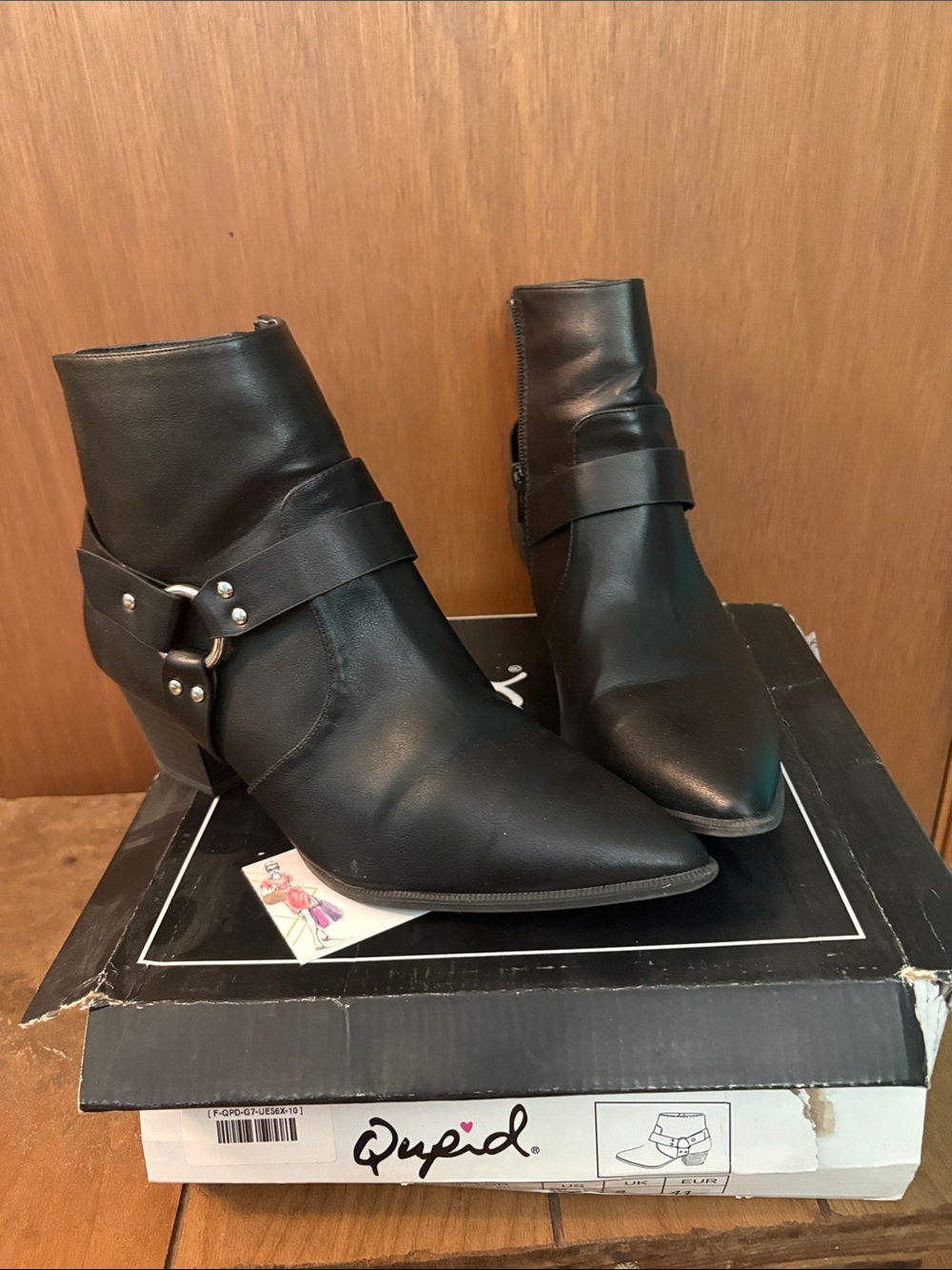Qupid Black Pointed Leather-Look Ankle Booties with Harness Detail